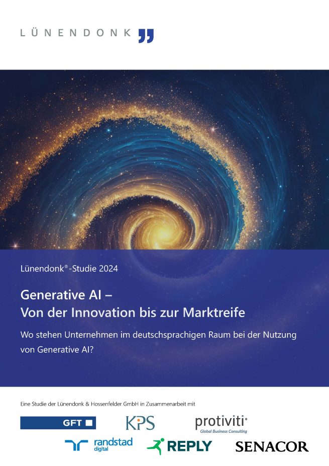 Erfahren Sie in der Lünendonk-Studie 2024 "Generative Ai - Von der Innovation bis zur Marktreife", wo Unternehmen im deutschsprachigen Raum beim Einsatz von Generative AI stehen!