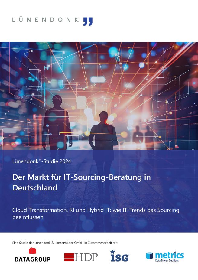 Das Bild zeigt das Cover der Lünendonk®-Studie 2024 mit dem Titel „Der Markt für IT-Sourcing-Beratung in Deutschland“. Im oberen Bereich ist das Logo von Lünendonk zu sehen. Das Hauptmotiv besteht aus einer futuristischen, digital anmutenden Illustration mit Silhouetten von Menschen vor einem Hintergrund aus Lichtstrahlen, Netzwerken und abstrakten Datenpunkten. Der Untertitel hebt zentrale Themen wie Cloud-Transformation, Künstliche Intelligenz (KI) und Hybrid IT hervor. Am unteren Rand sind Logos der Studienpartner Datagroup, HDP, ISG und Metrics platziert.