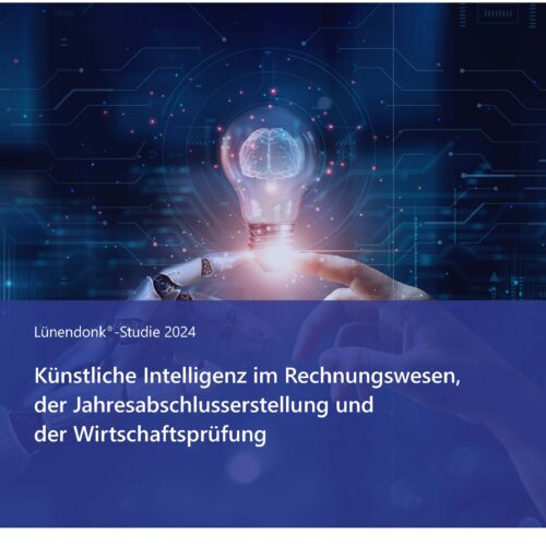 Cover der Lünendonk®-Studie 2024 mit dem Titel 'Künstliche Intelligenz im Rechnungswesen, der Jahresabschlusserstellung und der Wirtschaftsprüfung'. Das Bild zeigt eine futuristische Darstellung einer Glühbirne mit einem Gehirn im Inneren, die von einer menschlichen Hand und einer Roboterhand berührt wird. Der Hintergrund enthält digitale Elemente und Netzwerkstrukturen, die Technologie und Innovation symbolisieren. Logos von Lünendonk, RSM und Ebner Stolz sind ebenfalls sichtbar.