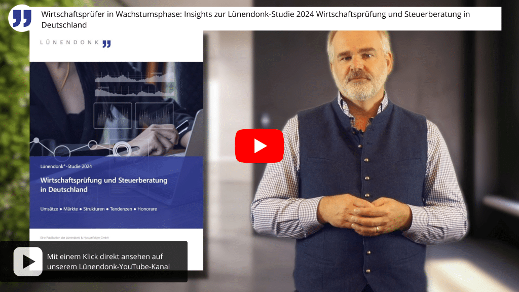 
„Vorschaubild eines Videos zur Lünendonk®-Studie 2024 mit dem Titel ‚Wirtschaftsprüfung und Steuerberatung in Deutschland‘. Links im Bild ist das Titelblatt der Studie mit einer Geschäftsszene (Person mit Laptop) zu sehen. Rechts steht ein Mann mit grauem Bart, kariertem Hemd und blauer Weste, der in die Kamera spricht. In der Mitte befindet sich ein rotes YouTube-Play-Symbol. Oben der Text: ‚Wirtschaftsprüfer in Wachstumsphase: Insights zur Lünendonk-Studie 2024 Wirtschaftsprüfung und Steuerberatung in Deutschland‘.
