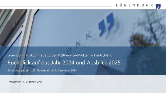 Ein Titelbild eines Berichts der Firma Lünendonk über die B2B-Service-Märkte in Deutschland. Der Titel lautet: 'Rückblick auf das Jahr 2024 und Ausblick 2025'. Die Erhebung fand zwischen dem 27. November und 4. Dezember 2024 statt. Der Ort und das Datum der Veröffentlichung sind 'Mindelheim, 18. Dezember 2024'. Das Bild zeigt zudem eine Spiegelung des Lünendonk-Logos auf einer Glasfassade.
