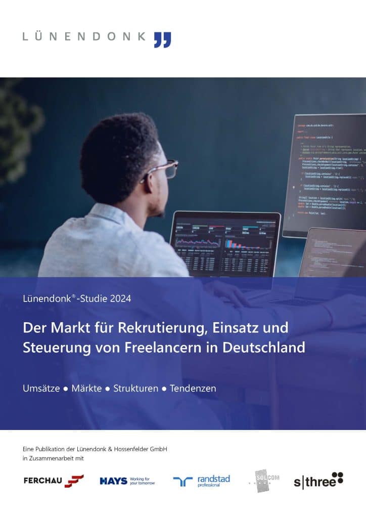 Cover der Lünendonk®-Studie 2024 mit dem Titel 'Der Markt für Rekrutierung, Einsatz und Steuerung von Freelancern in Deutschland'. Das Titelbild zeigt einen Mann, der an mehreren Bildschirmen mit Datenanalysen und Code arbeitet. Die Studie wurde von der Lünendonk & Hossenfelder GmbH in Zusammenarbeit mit FERCHAU, HAYS, Randstad, SOLCOM und SThree veröffentlicht.