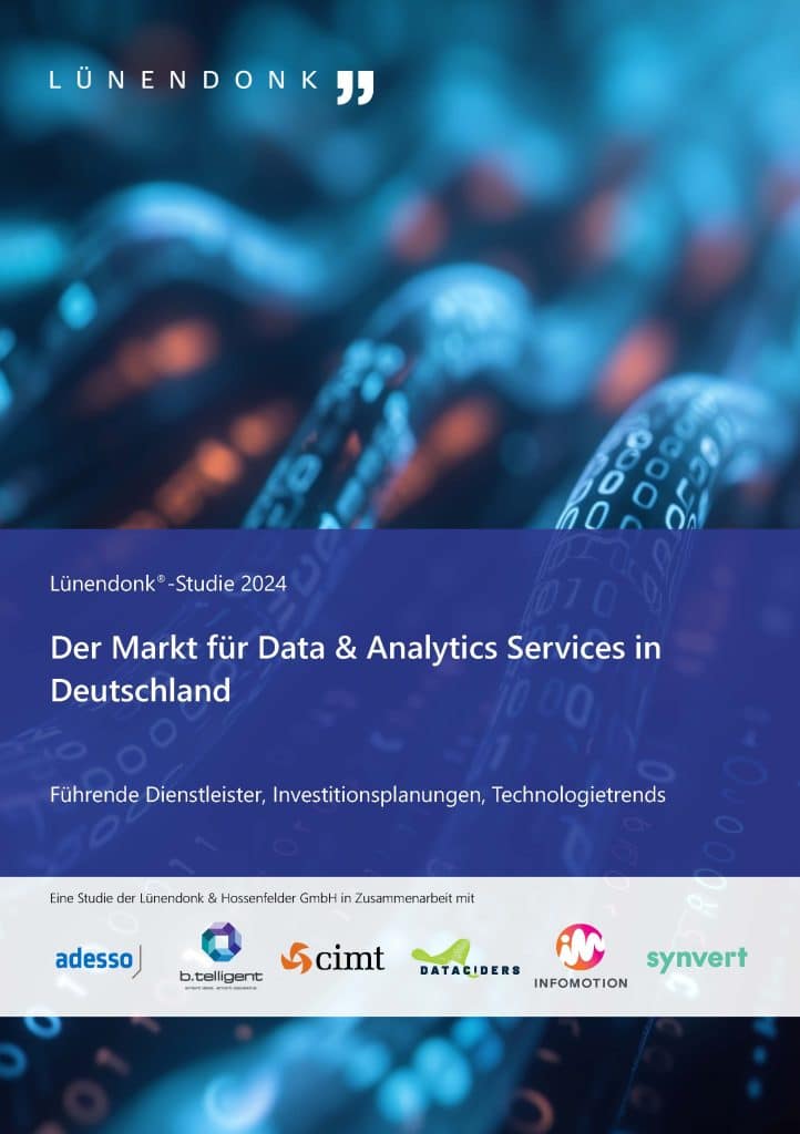 Cover der Lünendonk®-Studie 2024 zum Markt für Data & Analytics Services in Deutschland. Das Design zeigt digitale Datenströme in Blau- und Orangetönen. Der Titel und die Unterüberschrift heben führende Dienstleister, Investitionsplanungen und Technologietrends hervor. Logos der beteiligten Unternehmen, darunter adesso, b.telligent, cimt, DATACLIDERS, INFOMOTION und synvert, befinden sich am unteren Rand.