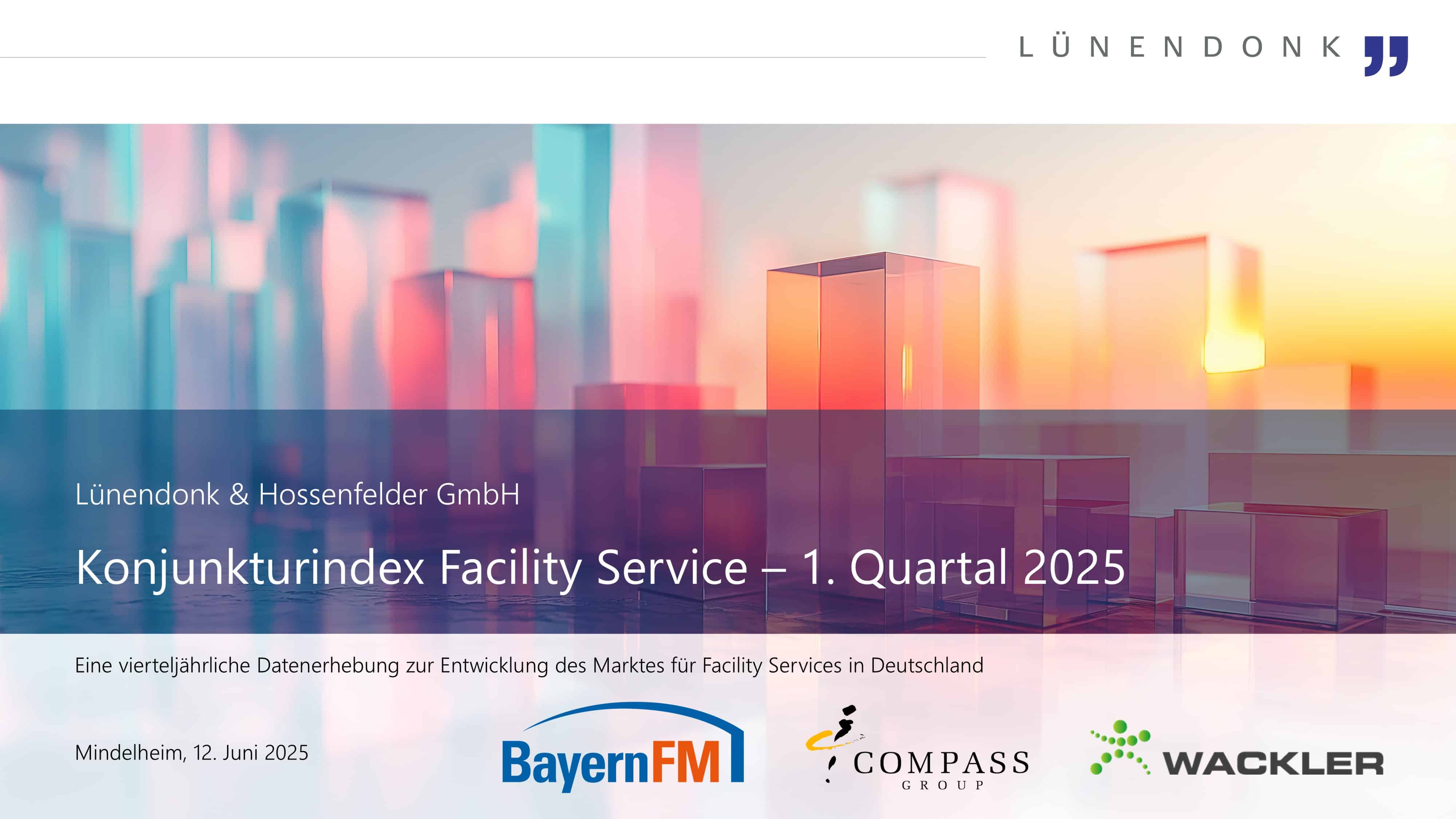 Im Lünendonk Konjunkturindex Facility Service erfahren Sie viermal im Jahr aktuelle Zahlen, Daten und Fakten zur Entwicklung des Facility-Service-Marktes. Durch die Teilnahme von rund 30 Gebäudedienstleistern zeichnet die aktuelle Erhebung ein qualifiziertes Stimmungsbild der Branche angesichts folgender aktueller Themen und Kennzahlen.