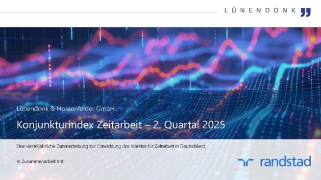 Im Lünendonk Konjunkturindex Zeitarbeit erfahren Sie viermal im Jahr aktuelle Zahlen, Daten und Fakten zur Entwicklung des Zeitarbeitsmarktes. Durch die Teilnahme von mehr als 80 Zeitarbeits- und Personaldienstleistungsunternehmen zeichnet die aktuelle Erhebung ein qualifiziertes Stimmungsbild der Branche angesichts folgender aktueller Themen und Kennzahlen.