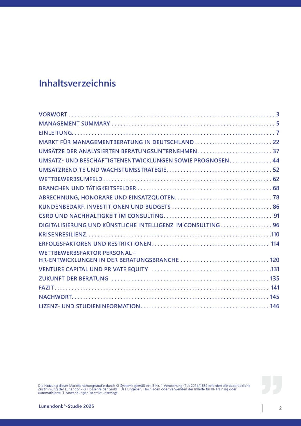 Inhaltsverzeichnis Lünendonk-Studie 2025 Managementberatung in Deutschland