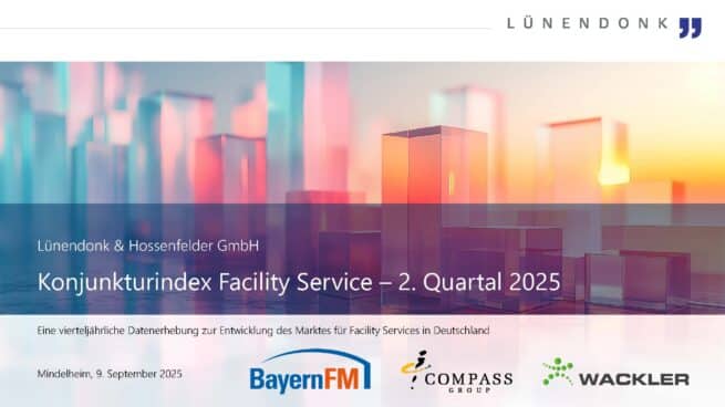 Im Lünendonk Konjunkturindex Facility Service erfahren Sie viermal im Jahr aktuelle Zahlen, Daten und Fakten zur Entwicklung des Facility-Service-Marktes. Durch die Teilnahme von rund 30 Gebäudedienstleistern zeichnet die aktuelle Erhebung ein qualifiziertes Stimmungsbild der Branche angesichts folgender aktueller Themen und Kennzahlen.