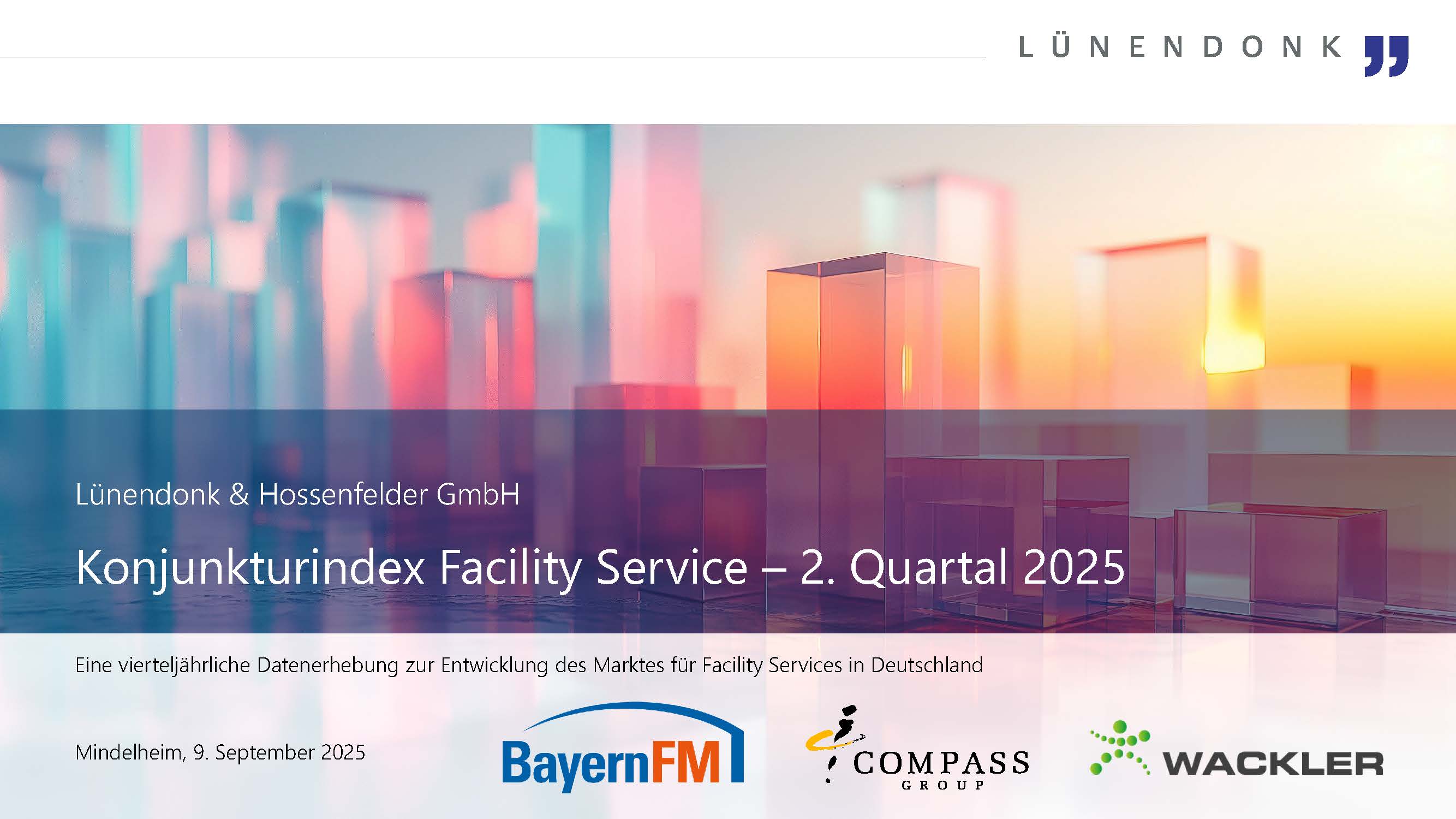 Im Lünendonk Konjunkturindex Facility Service erfahren Sie viermal im Jahr aktuelle Zahlen, Daten und Fakten zur Entwicklung des Facility-Service-Marktes. Durch die Teilnahme von rund 30 Gebäudedienstleistern zeichnet die aktuelle Erhebung ein qualifiziertes Stimmungsbild der Branche angesichts folgender aktueller Themen und Kennzahlen.