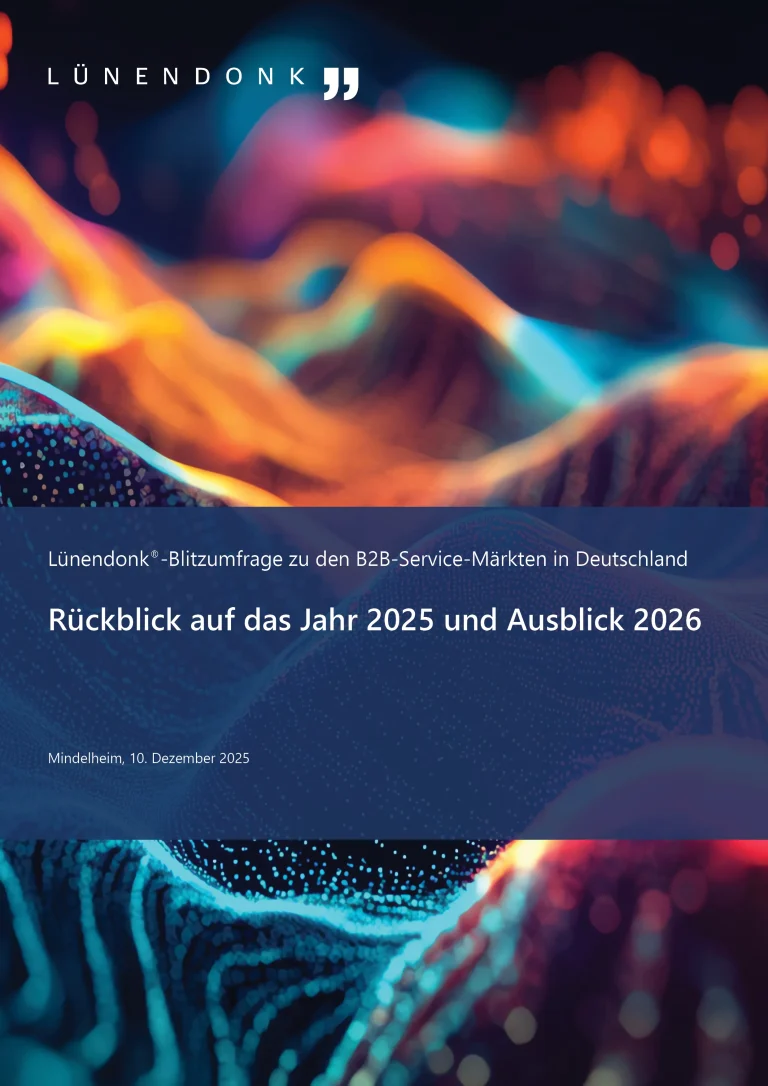 Titelblatt einer Lünendonk-Publikation mit dem Titel „Lünendonk-Blitzumfrage zu den B2B-Service-Märkten in Deutschland – Rückblick auf das Jahr 2025 und Ausblick 2026“. Der obere Bereich zeigt eine farbintensive, abstrakte Darstellung aus wellenförmigen Strukturen in Orange-, Blau- und Pinktönen, die an digitale oder topografische Muster erinnern. Der untere Bereich ist dunkelblau mit weißem Text. Am unteren Rand steht „Mindelheim, 10. Dezember 2025“.