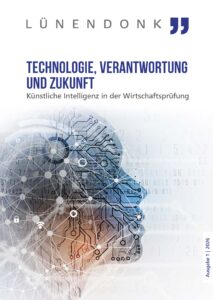 Titelseite der Publikation von Lünendonk mit der Überschrift ‚Technologie, Verantwortung und Zukunft – Künstliche Intelligenz in der Wirtschaftsprüfung‘. Zu sehen ist der seitliche Umriss eines menschlichen Kopfes, der mit digitalen Schaltkreisen, Netzwerken und Datenstrukturen überlagert ist. Die Grafik symbolisiert künstliche Intelligenz, Technologie und Vernetzung. Ausgabe 1 | 2026.