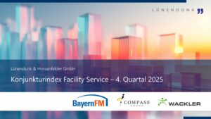 Titelbild der Studie „Konjunkturindex Facility Service – 4. Quartal 2025" von Lünendonk & Hossenfelder GmbH, mit abstrakten Glasquadern in warmen und kühlen Farbtönen sowie den Logos der Partner BayernFM, Compass Group und Wackler.