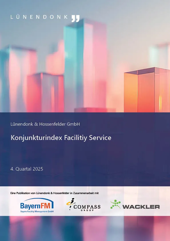 Titelblatt einer Publikation von Lünendonk & Hossenfelder GmbH mit dem Titel „Konjunkturindex Facility Service – 4. Quartal 2025“. Der obere Teil zeigt eine abstrakte, farbenfrohe Illustration aus halbtransparenten, vertikal stehenden Glasformen in Rosa-, Blau- und Orangetönen. Der untere Bereich ist dunkelblau mit weißer Schrift. Am unteren Rand stehen Logos der beteiligten Unternehmen: BayernFM, Compass Group und Wackler.