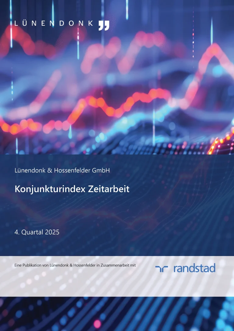Titelblatt einer Publikation der Lünendonk & Hossenfelder GmbH mit dem Titel „Konjunkturindex Zeitarbeit – 4. Quartal 2025“. Der obere Bereich zeigt eine abstrakte Illustration mit blauen und rötlichen Linien, die an Datenkurven oder Finanzdiagramme erinnern. Der untere Bereich ist dunkelblau mit weißem Text. Am unteren Rand steht ein Hinweis auf die Zusammenarbeit mit Randstad, inklusive des Randstad-Logos.