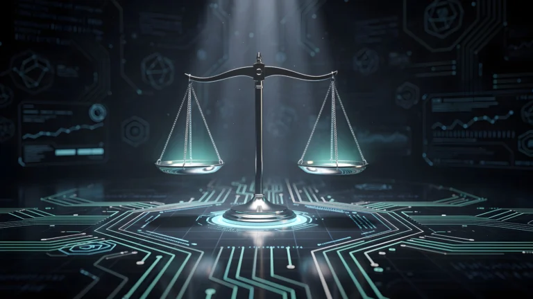 Symbolbild einer klassischen Justizwaage vor einem digitalen Hintergrund mit Leiterplattenstrukturen und Daten-Dashboards – steht für die Verbindung von Recht und Technologie.