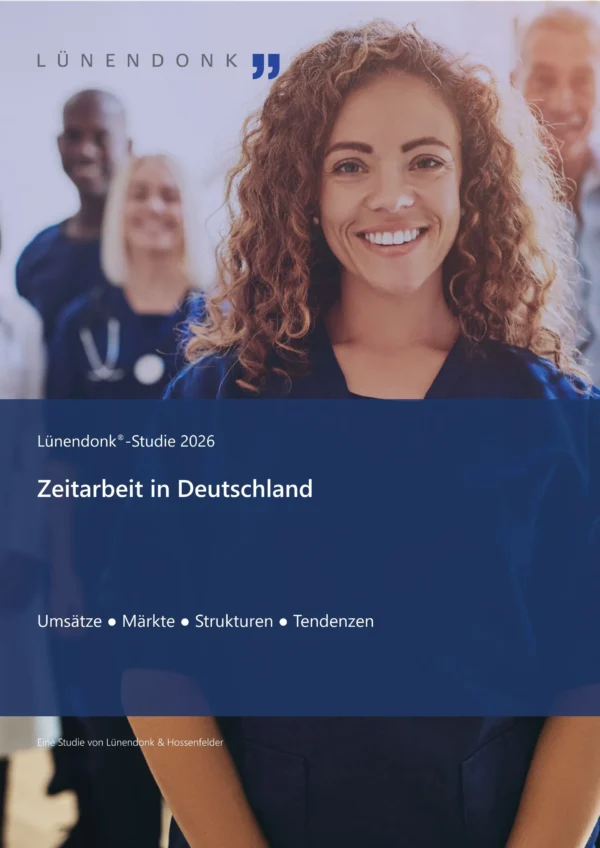 LUE_ZA_Studie_2026_Cover_reduziert Cover der Lünendonk®-Studie 2026 „Zeitarbeit in Deutschland" mit dem Untertitel „Umsätze • Märkte • Strukturen • Tendenzen". Im Hintergrund eine Gruppe lächelnder Menschen, im Vordergrund eine Frau mit lockigem Haar. Eine Studie von Lünendonk & Hossenfelder.