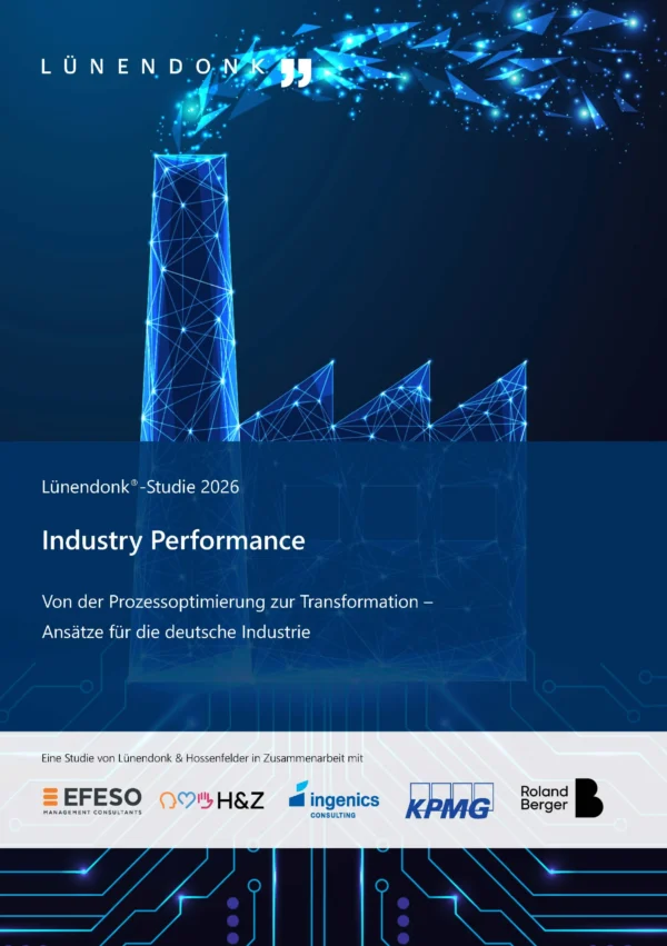 LUE_Industry_Performance_Cover Cover der Lünendonk®-Studie 2026 „Industry Performance – Von der Prozessoptimierung zur Transformation: Ansätze für die deutsche Industrie", erstellt in Zusammenarbeit mit EFESO, H&Z, ingenics, KPMG und Roland Berger. Das Cover zeigt eine stilisierte, digital vernetzte Fabriksilhouette in Blautönen auf dunklem Hintergrund.