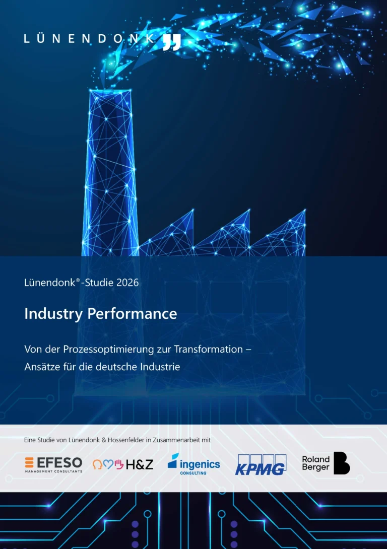 Cover der Lünendonk®-Studie 2026 „Industry Performance – Von der Prozessoptimierung zur Transformation: Ansätze für die deutsche Industrie", erstellt in Zusammenarbeit mit EFESO, H&Z, ingenics, KPMG und Roland Berger. Das Cover zeigt eine stilisierte, digital vernetzte Fabriksilhouette in Blautönen auf dunklem Hintergrund.