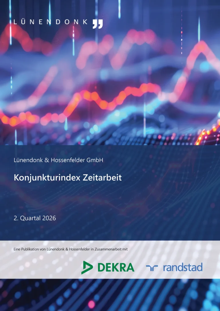 Titelblatt einer Publikation der Lünendonk & Hossenfelder GmbH mit dem Titel „Konjunkturindex Zeitarbeit – 4. Quartal 2025“. Der obere Bereich zeigt eine abstrakte Illustration mit blauen und rötlichen Linien, die an Datenkurven oder Finanzdiagramme erinnern. Der untere Bereich ist dunkelblau mit weißem Text. Am unteren Rand steht ein Hinweis auf die Zusammenarbeit mit Dekra und Randstad, inklusive der Logos.