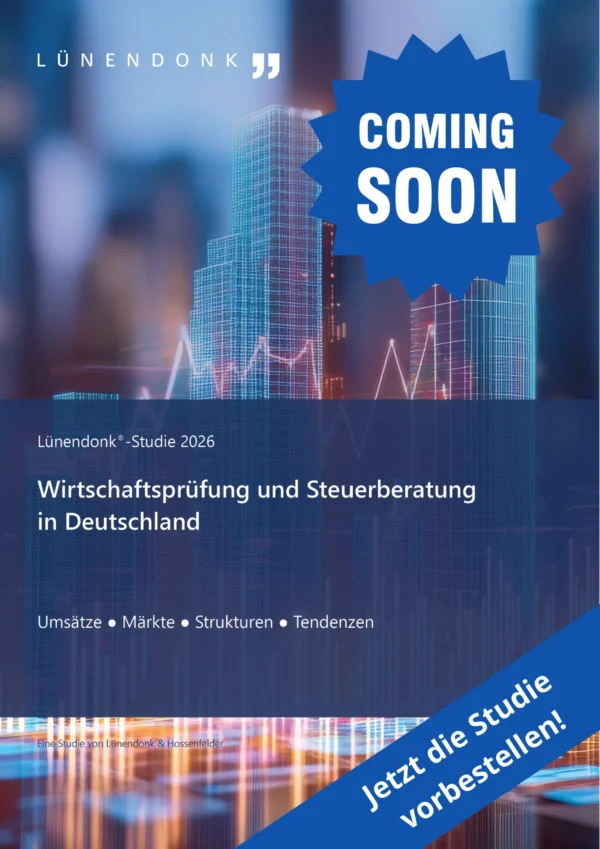 LUE_WP_Cover_Vorbestellung_f Cover der Lünendonk®-Studie 2026 „Wirtschaftsprüfung und Steuerberatung in Deutschland" mit dem Hinweis „Coming Soon" und dem Call-to-Action „Jetzt die Studie vorbestellen!". Themen: Umsätze, Märkte, Strukturen, Tendenzen.