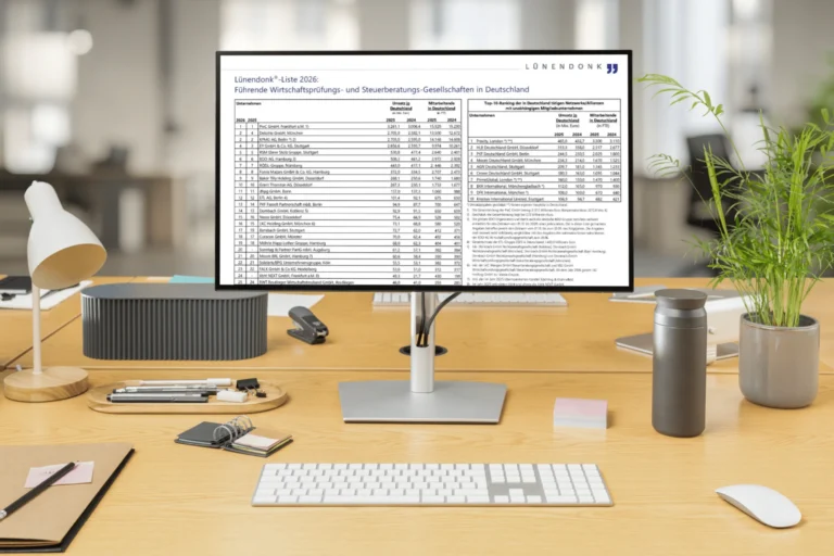 Bildschirm auf einem Schreibtisch zeigt die Lünendonk®-Liste 2026 der führenden Wirtschaftsprüfungs- und Steuerberatungs-Gesellschaften in Deutschland mit Umsatz- und Mitarbeiterdaten der Top-25-Unternehmen.