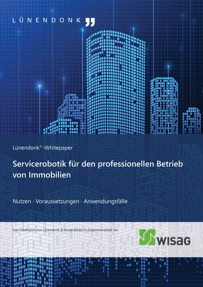 Titelbild des Lünendonk®-Whitepapers „Servicerobotik für den professionellen Betrieb von Immobilien – Nutzen · Voraussetzungen · Anwendungsfälle", veröffentlicht in Zusammenarbeit mit WISAG. Das Cover zeigt eine digitale Illustration futuristischer Hochhäuser in Blautönen, die aus leuchtenden Datenpunkten und vernetzten Strukturen aufgebaut sind und eine smarte, technologisierte Stadt