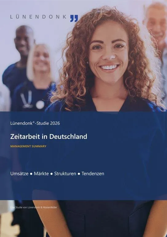 ZA_Studie_2026_Management_Summary_Cover_kompr Titelbild der Management Summary zur Lünendonk®-Studie 2026 „Zeitarbeit in Deutschland" mit einer lächelnden Frau im Vordergrund und weiteren Personen im Hintergrund; Themen: Umsätze, Märkte, Strukturen, Tendenzen.