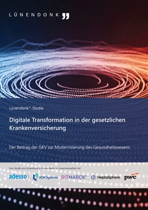 LUE_Digitale_Transformation_GKV_Cover_f Titelbild einer Lünendonk®-Studie mit dem Titel „Digitale Transformation in der gesetzlichen Krankenversicherung“ und dem Untertitel „Der Beitrag der GKV zur Modernisierung des Gesundheitswesens“. Das Cover zeigt eine abstrakte, blau-rot leuchtende Darstellung digitaler Datenstrukturen. Als Kooperationspartner sind adesso, AOK Systems, BITMARCK, HeptaSphere und PwC aufgeführt.