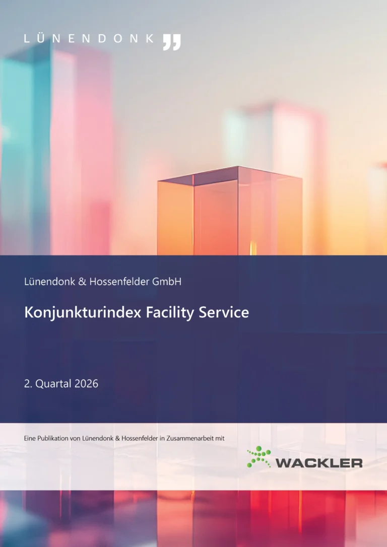 Titelblatt einer Publikation von Lünendonk & Hossenfelder GmbH mit dem Titel „Konjunkturindex Facility Service – 4. Quartal 2025“. Der obere Teil zeigt eine abstrakte, farbenfrohe Illustration aus halbtransparenten, vertikal stehenden Glasformen in Rosa-, Blau- und Orangetönen. Der untere Bereich ist dunkelblau mit weißer Schrift. Am unteren Rand steht das Logo des beteiligten Unternehmen Wackler.