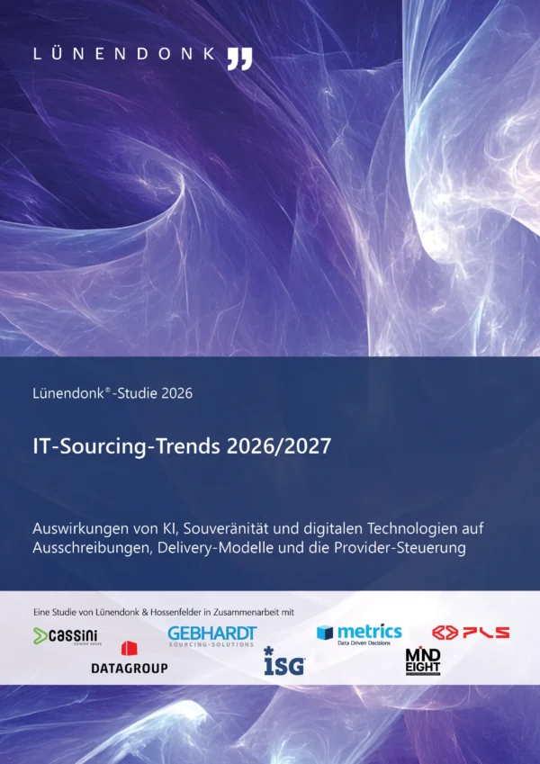 LUE_IT_Sourcing_2026_Cover_f Cover der Lünendonk-Studie 2026 „IT-Sourcing-Trends 2026/2027“. Der Untertitel lautet: „Auswirkungen von KI, Souveränität und digitalen Technologien auf Ausschreibungen, Delivery-Modelle und die Provider-Steuerung“. Violett-blaues abstraktes Motiv; die Studie entstand in Zusammenarbeit mit cassini, DATAGROUP, GEBHARDT, ISG, metrics, MINDEIGHT und PLS.